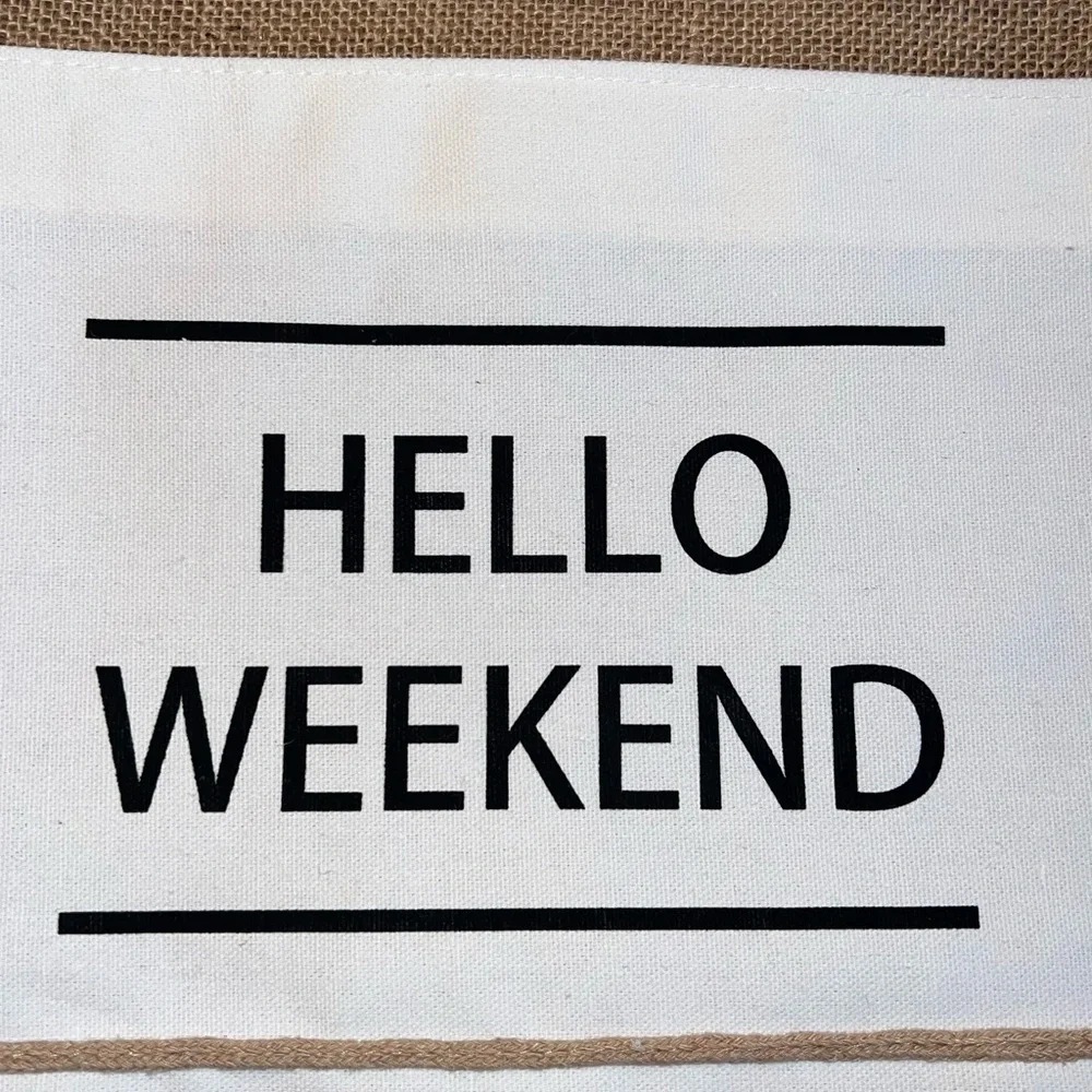 Hello Weekend Tote Bag White And Tan Raffia/Burlap Material